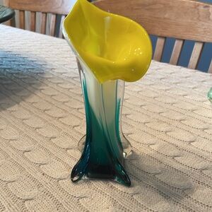 Art Glass Hand Blown Calla Lily/Tulip, Yellow/Teal/Glass Jack in the Pulpit Vase